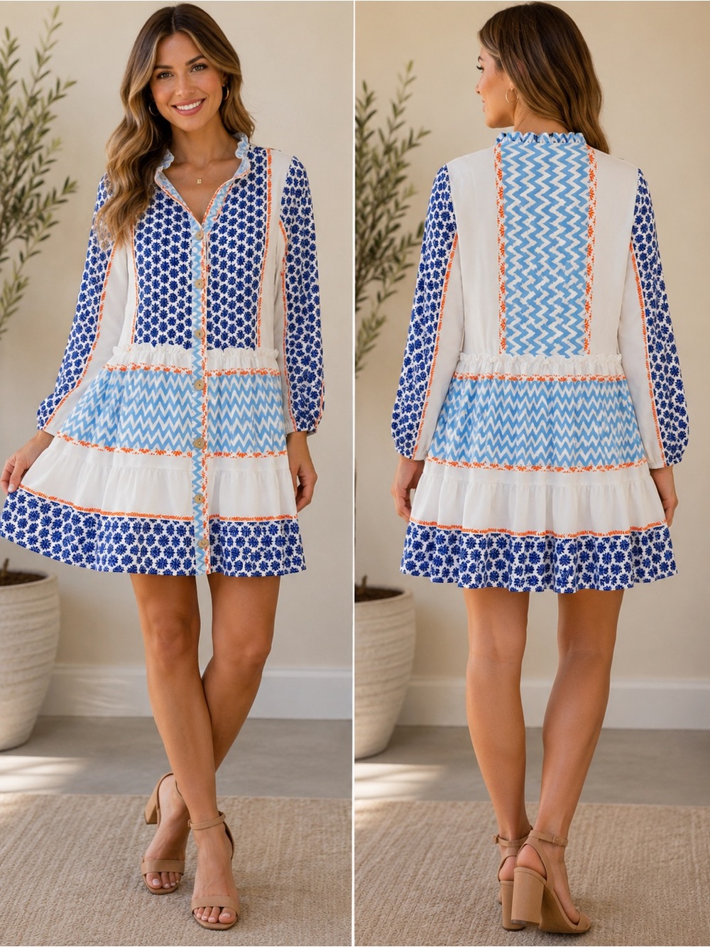 Boho Tiered Mini Dress in Blue & White